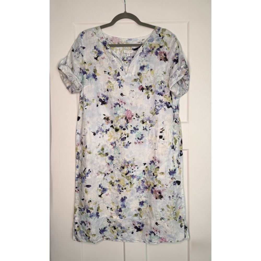 J.Jill Love Linen Dress Women's M Blue Floral 100% Linen Midi Shift Roll Tab